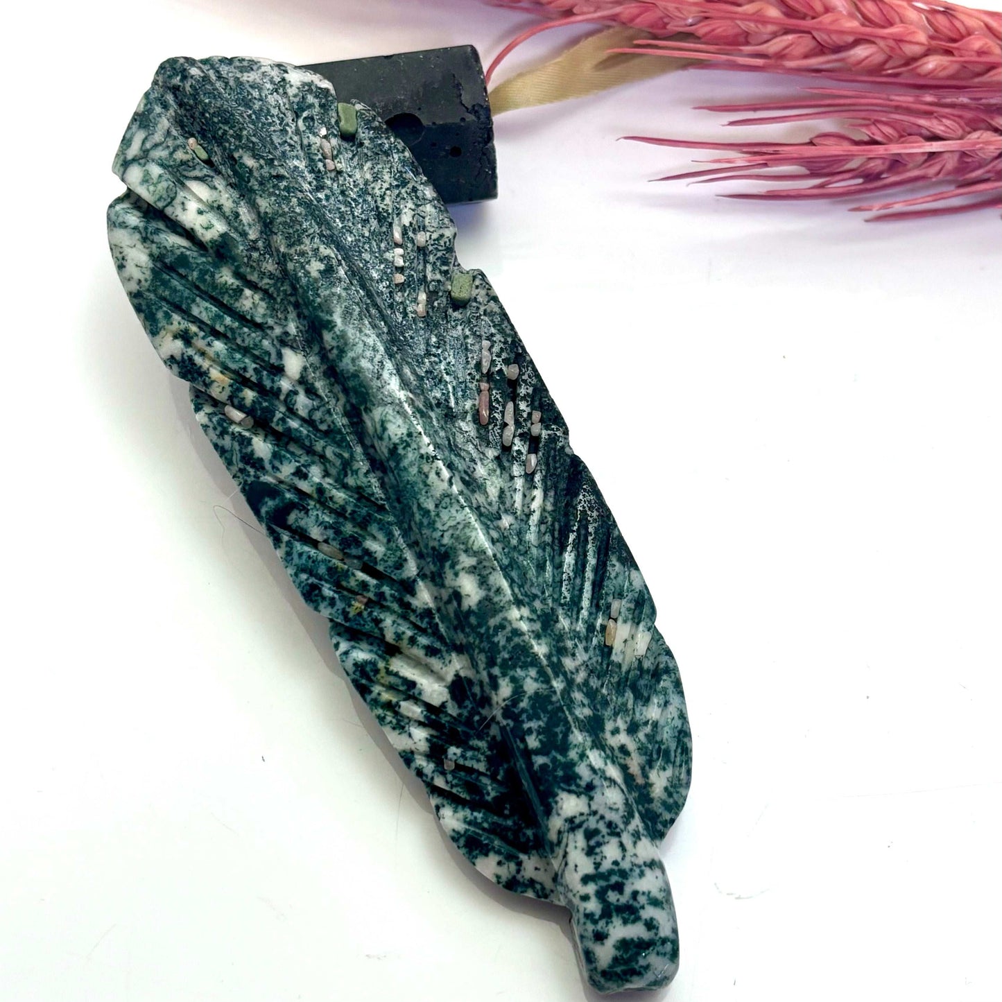 Green Tree Agate - Feather Carving