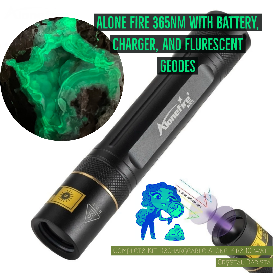 Alonefire UV Flashlight with Battery & Charger + Florescent Mineral Ki – CrystalBarista Alonefire UV Flashlight with Battery & Charger + Florescent Mineral Ki – CrystalBarista