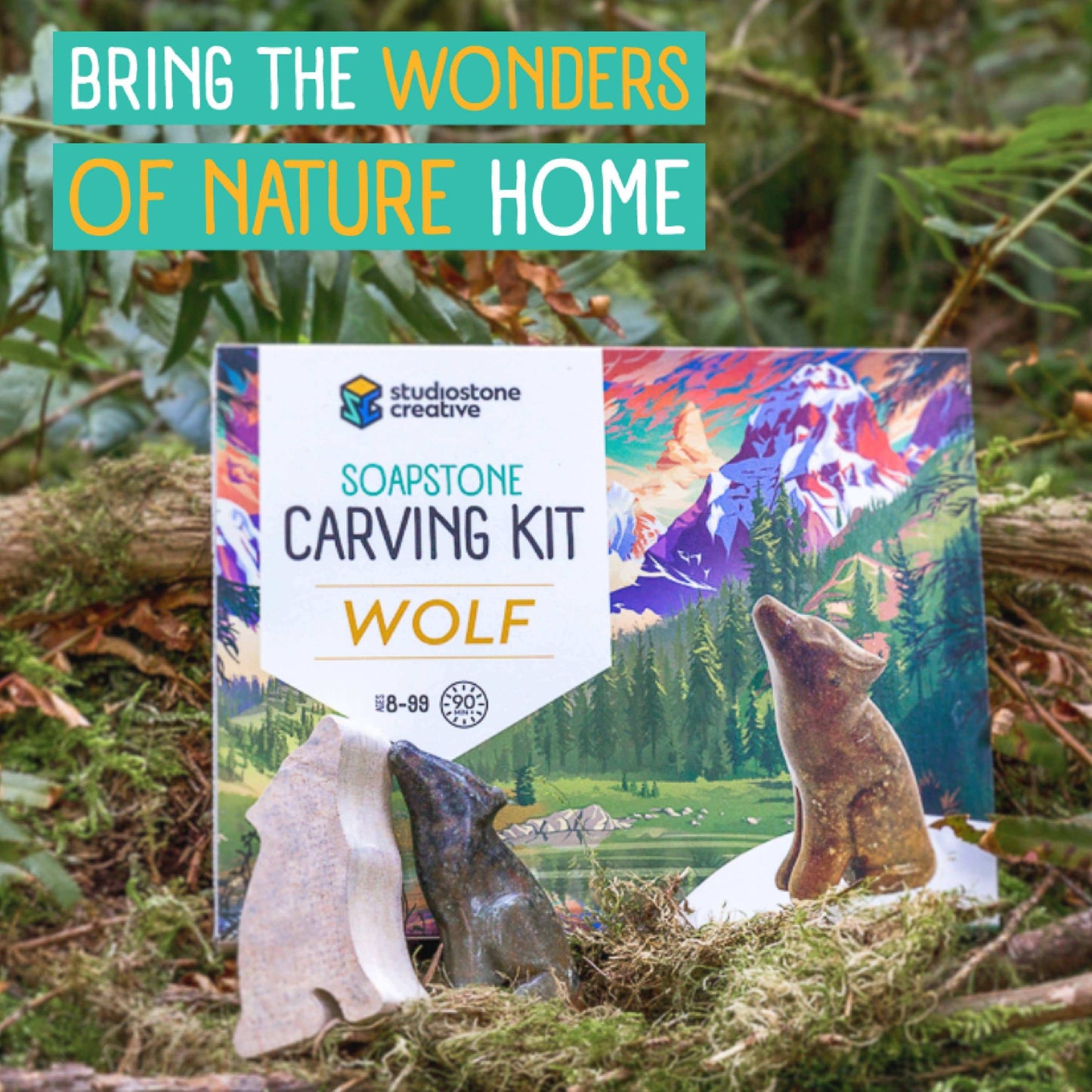 Wolf Soapstone Carving and Whittling—DIY Arts and Craft Kit. All Kid-Safe Tools and Materials Included. For kids and adults 8 to 99+ Years.