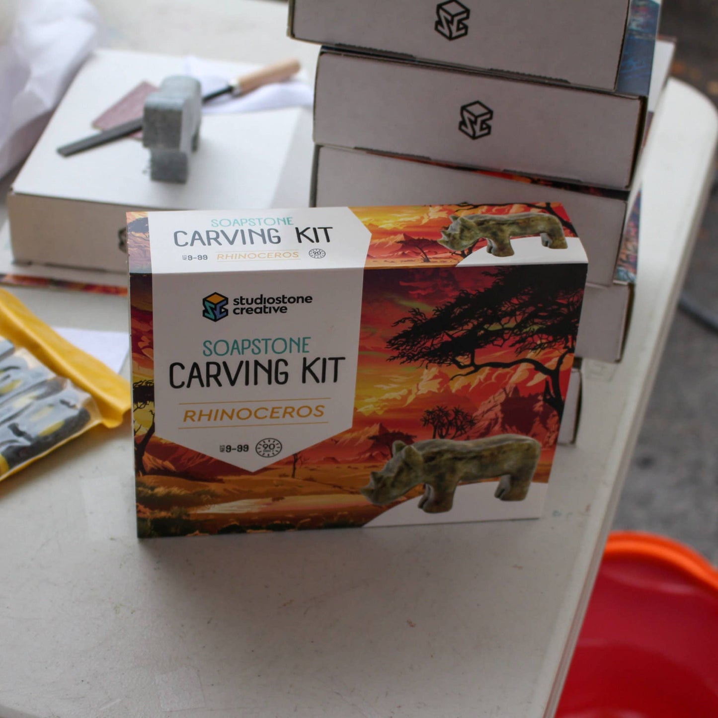 Rhino Soapstone Carving and Whittling—DIY Arts and Craft Kit. All Kid-Safe Tools and Materials Included. For kids and adults 8 to 99+ Years.