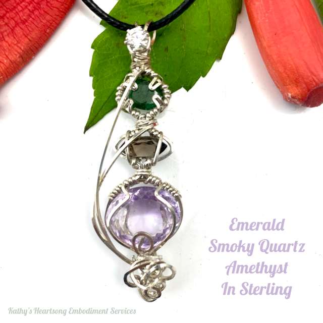 Emerald, Smoky Quartz, and Amethyst with Sterling Silver - Pendant