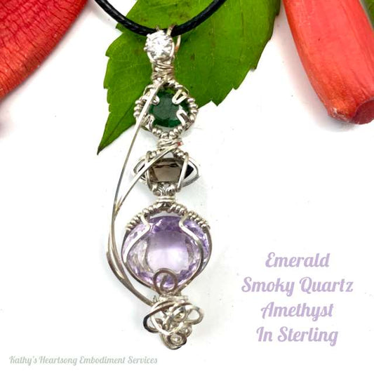 Emerald, Smoky Quartz, and Amethyst with Sterling Silver - Pendant