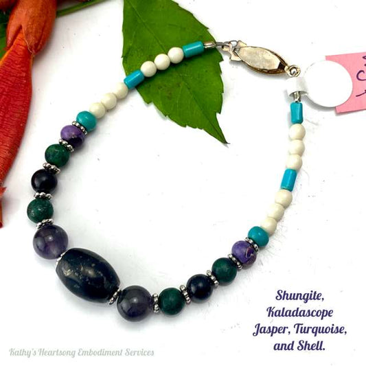 Shungite, Kaleidoscope Jasper, Turquoise, and Shell - Bracelet