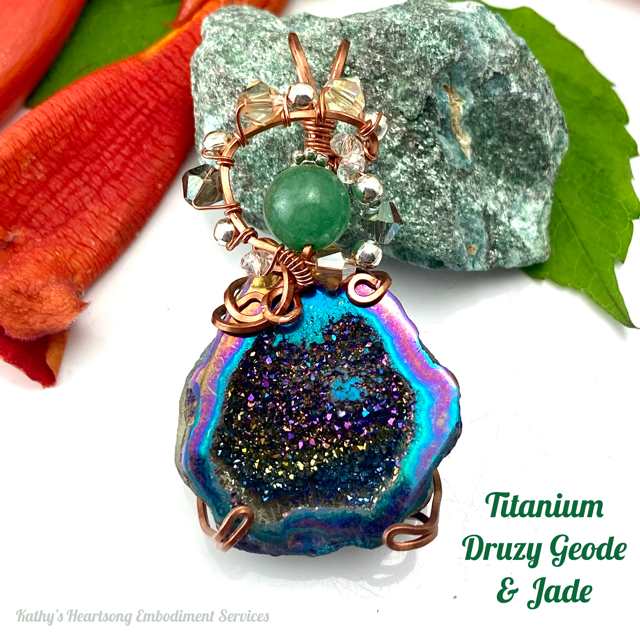 Titanium Druzy Geode & Jade in Copper - Pendant