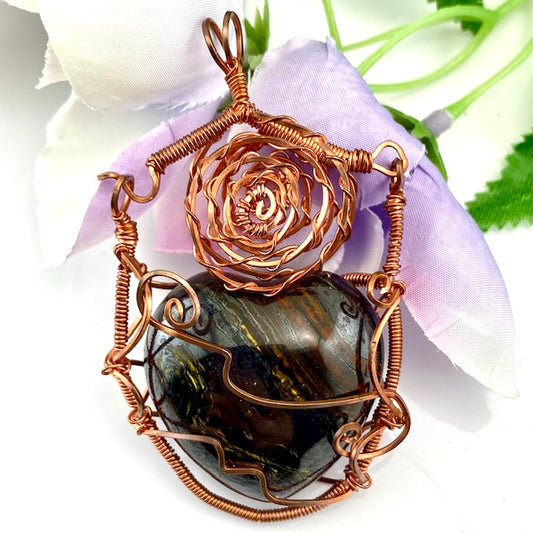 Tiger Iron Heart in Copper Hinged Cage - Pendant