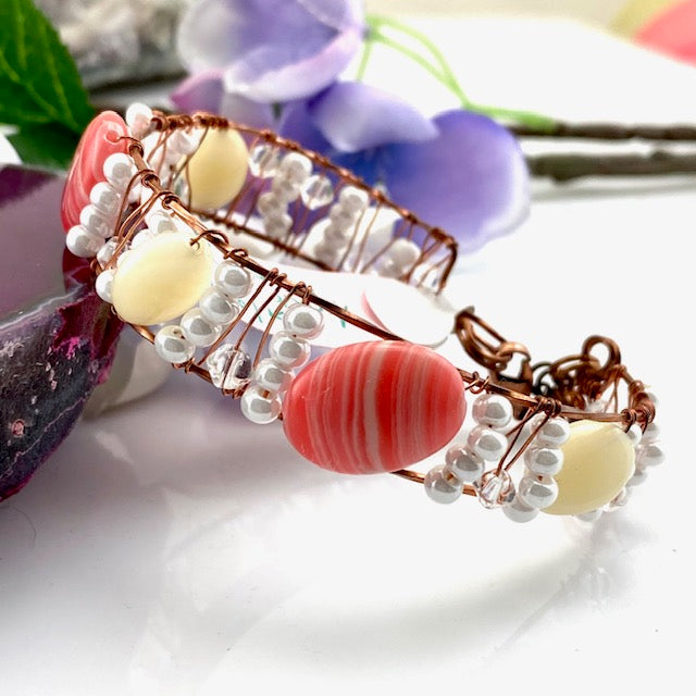 Pearls, Glass, & Agate Ornate Copper Bracelet