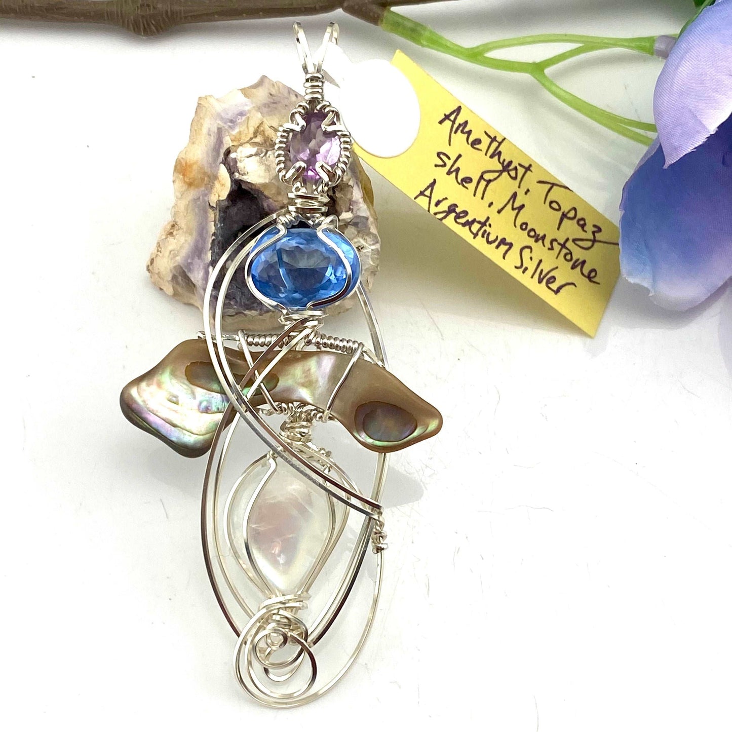 Amethyst, Topaz, Shell, and Moonstone in Argentium Silver - Pendant